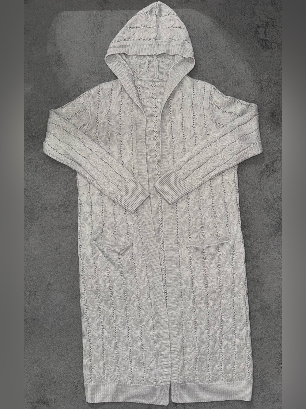 Gray Cable Knit Hooded Longline Duster Cardigan with Pockets